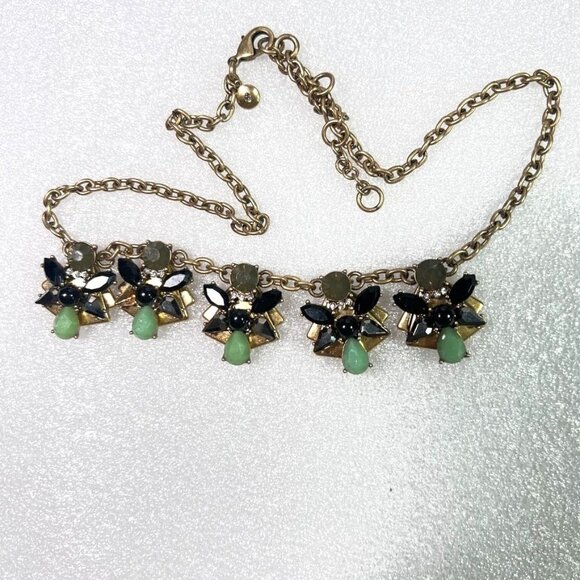 J.Crew 22" Statement Necklace W/ Green & Black Gemstone Accents On Gold-Tone - Picture 4 of 8